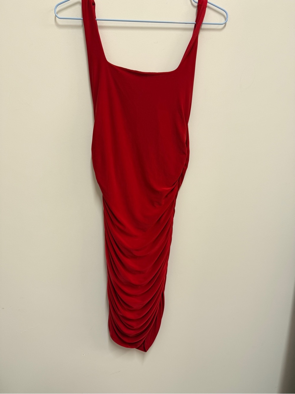 Red Ruched Midi Dress - Sleek Scoop Neck
